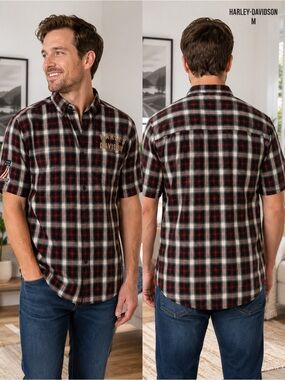 Harley-Davidson Plaid Biker Shirt Mens size Medium Embroidered Moto Button Up
